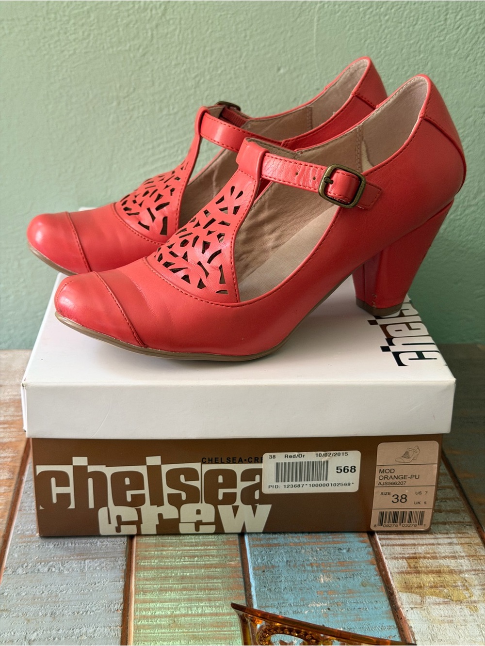 Chelsea Crew T-Strap Heels — Coral Orange Women's Pumps